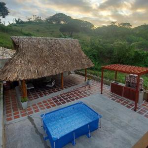 a large pool with a straw roof and a thatchilion at La Casa de Tita _ Usiacuri in Usiacurí