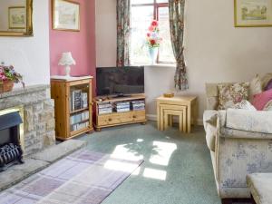 a living room with a fireplace and a television at Peasholm in Thornton Dale