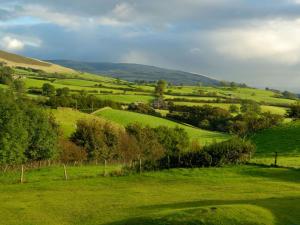 a green field with trees and hills in the background at Gateside Farmhouse Sedbergh in Sedbergh