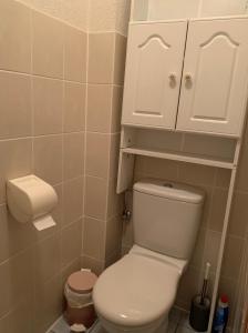 a bathroom with a toilet and a white cabinet at Havre de paix - chambres dhotes in Bellegarde-sur-Valserine