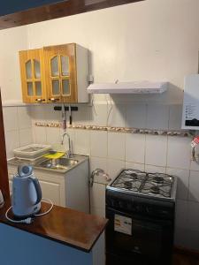 a small kitchen with a stove and a sink at Hostal New Do Rio in Maitencillo