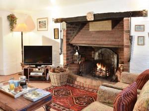 a living room with a fireplace and a television at Tranquillity Cottage in Winfrith Newburgh