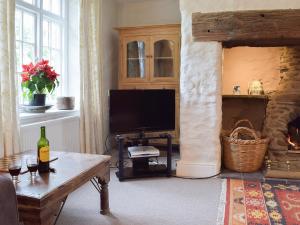 a living room with a television and a fireplace at Lordship Farmhouse in Saint Lawrence