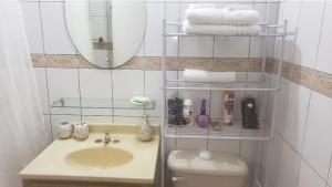 ein Badezimmer mit einem Waschbecken, einem WC und einem Spiegel in der Unterkunft Pearl of the City in Kingston