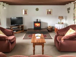 a living room with two couches and a fireplace at Lletty Cottage in Capel-Ifan