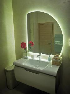baño con lavabo con espejo y flores en Apartment Sofija, en Niš 25 fotos más