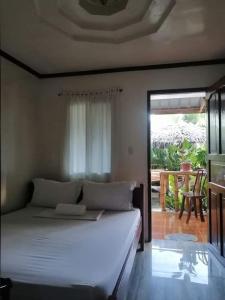 a bedroom with a large white bed and a patio at Dhadas place in San Vicente