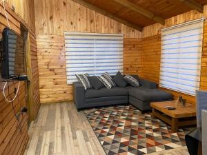 sala de estar con sofá en una sala de madera en Cabaña rural límite con Argentina, en Futaleufú