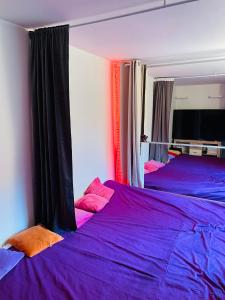 two beds in a bedroom with purple sheets and pink pillows at Tantra klub "Chaty Steva Jobse" in Prague