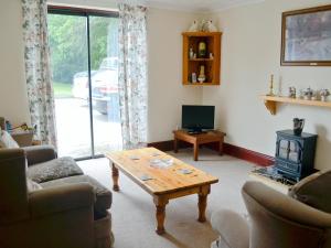 a living room with a coffee table and a stove at Greenmeadow Bungalow in Llanon