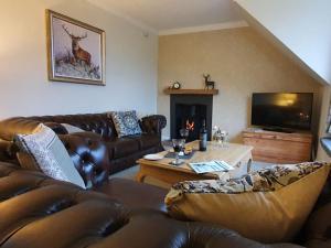 sala de estar con muebles de cuero y chimenea en Ben Ledi View en Callander