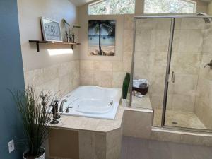 a bathroom with a bath tub and a shower at Livable C near Lake Washington in Lake Forest Park