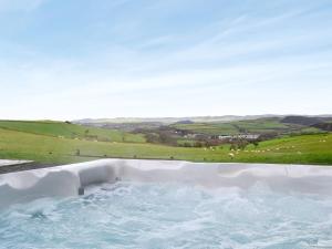 a bath tub with a view of a field at 4 Pengraig Draw in Llanychaiarn