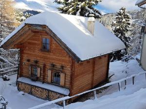 トゥルラッハー・ヘーエにあるSki in ski out chalet on the Turracher Hoeheの屋根に雪が積もった丸太キャビン