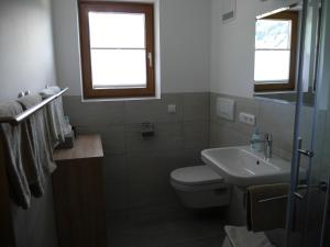 baño con aseo y lavabo y ventana en Ferienwohnung Enn, en Neukirchen am Großvenediger