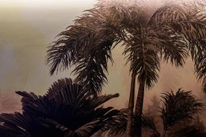 un groupe de palmiers dans un champ brumeux dans l'établissement Hotel WILL BASE 旧Chambery, à Yokohama
