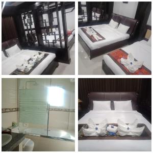 four different pictures of a bed in a room at Favanhmai Hotel in Muang Phônsavan