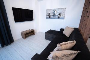 een woonkamer met een zwarte bank en een flatscreen-tv bij RCity Apartament 4 in Boekarest