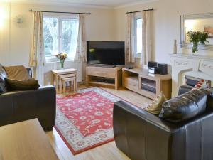 a living room with a couch and a tv and a fireplace at Seacroft in Cromer