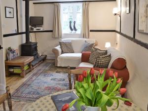 a living room with a couch and a stove at Graig in Beaumaris