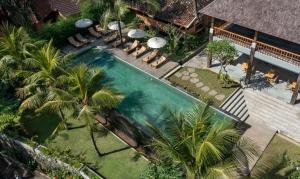 乌布RUMAH KAYU RESORT的棕榈树环绕的游泳池的俯视图