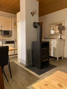 a kitchen with a wood stove in a room at Bärenhütte in Turracher Hohe