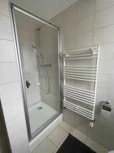 La salle de bains est pourvue d'une douche avec une porte en verre. dans l'établissement Kulturgenuss am Goethewanderweg, à Weimar