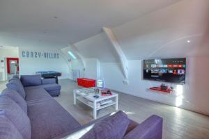 a living room with a couch and a flat screen tv at Crazy Villa Chalonie 28 - Heated pool - Soccer - Basket - 2h Paris - 30p in Happonvilliers