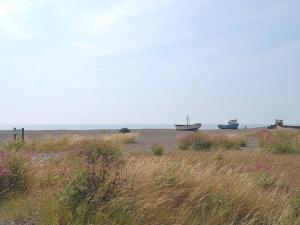 two boats on the beach with grass and flowers at Paddock Cottage in Orford