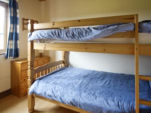 1 Schlafzimmer mit 2 Etagenbetten mit blauer Bettwäsche in der Unterkunft Woodside Lodge - Hw7520 in Penybont