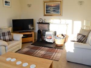 a living room with a fireplace and a tv at Druim-nan-deur in Lochcarron