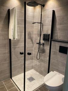y baño con cabina de ducha y aseo. en Hotell Skolestua, 