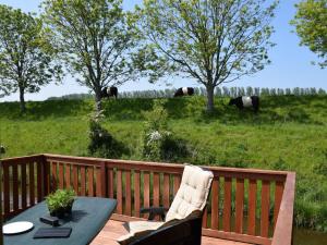 una terraza con mesa, sillas y elefantes en un campo en Comfortable holiday home in Schoondijke, en Schoondijke