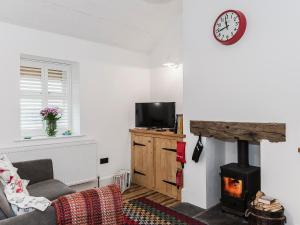 a living room with a tv and a fireplace at Ty Macsen in Llanwnda