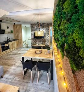 シュツァブニツァにあるMoje Pieniny Apartamentのテーブルと椅子のあるキッチンとダイニングルーム