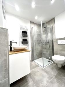 a bathroom with a shower and a toilet and a sink at NEU! ERSTBEZUG! Vollsanierte Fewo mit Blick auf die Flensburger Förde in Harrislee