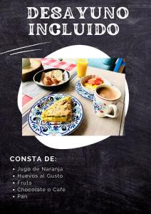 a flyer for a restaurant with a plate of food and a cup of coffee at Glamping Laguna Sagrada in Bobadilla