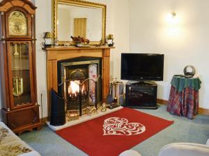 a living room with a fireplace and a red rug at Redmayne Cottage in Orton