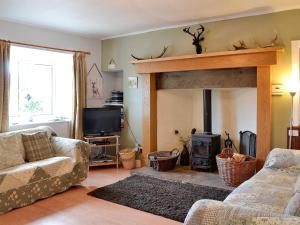 a living room with a fireplace and a tv at Honey Cottage in Auchnarrow