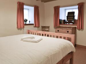 1 dormitorio con 1 cama y 2 ventanas en Rhydlanfair Cottage, en Capel Garmon