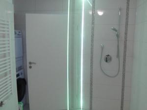 a shower with a glass door in a bathroom at CityZimmer Eltmann in Eltmann