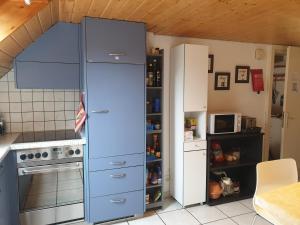 cocina con nevera grande azul en Apartment Dorfstrasse 16, en Leuzigen