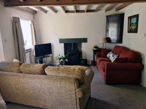 a living room with two couches and a fireplace at Beck Cottage in Colby