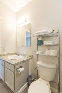 a bathroom with a toilet and a sink and a mirror at Updated 2 Bedroom Apartment in Great Falls