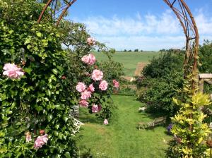 a garden with pink roses and an arch at The Old Bakehouse Cotswold Cottage in Stonesfield +6 photos