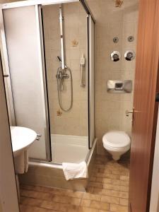 uma casa de banho com um chuveiro, um WC e um lavatório. em Apartment Rathausplatz - HOTEL FÜRSTENHOF em Kempten