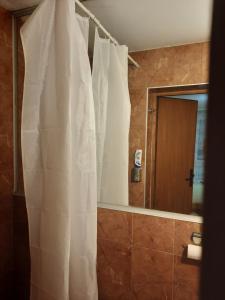 La salle de bains est pourvue d'un rideau de douche et d'un miroir. dans l'établissement LUG, à Belgrade