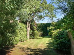 a garden with trees and bushes and a path at Stables Cottage in Dunster
