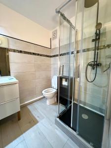 ein Bad mit einer Dusche und einem WC in der Unterkunft Évasion à deux, domaine prestigieux, jacuzzi et parking privés, piscine in Cannes