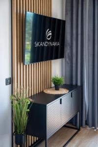 TV a/nebo společenská místnost v ubytování Domki i apartamenty Skandynawia z basenem